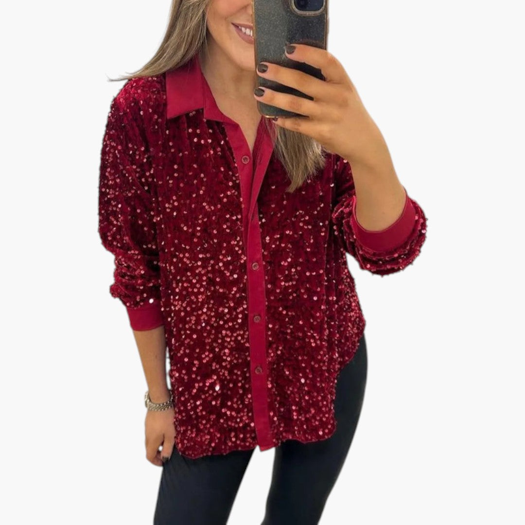 Camicia Donna con Superficie a Paillettes e Chiusura con Bottoni