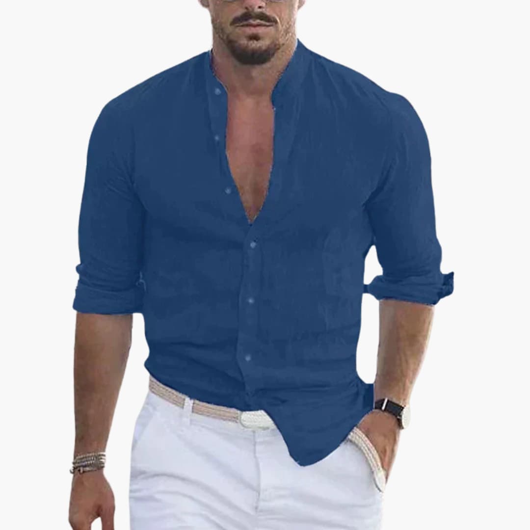 Chemise à manches longues pour homme avec col montant et fermeture à boutons