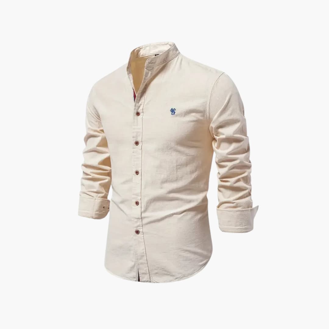 Chemise à manches longues pour homme avec col montant et fermeture à boutons