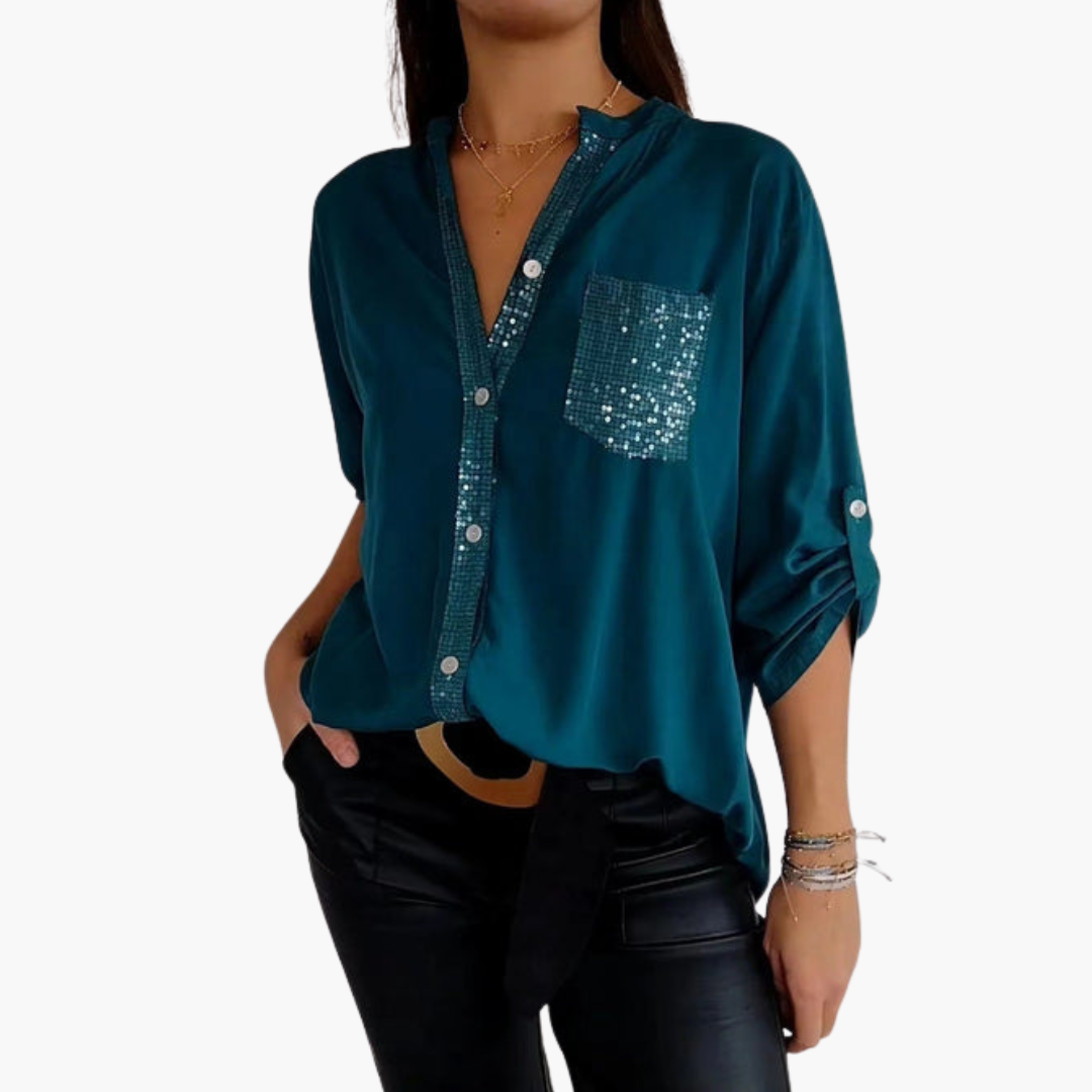Chemise femme à boutons avec poche à sequins et manches retroussables