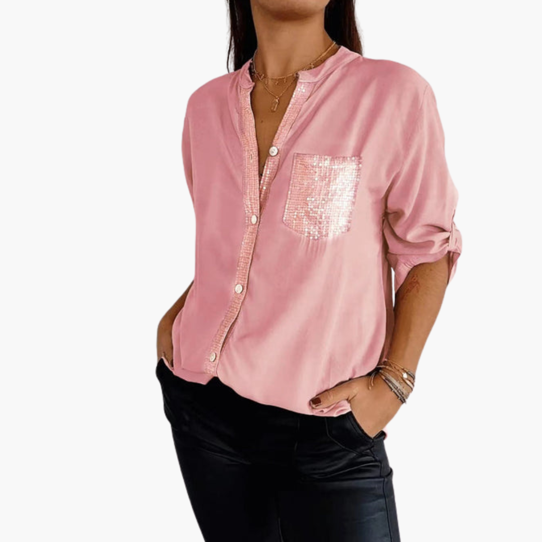 Women's button-up shirt with sequin pocket and roll-up sleeves
