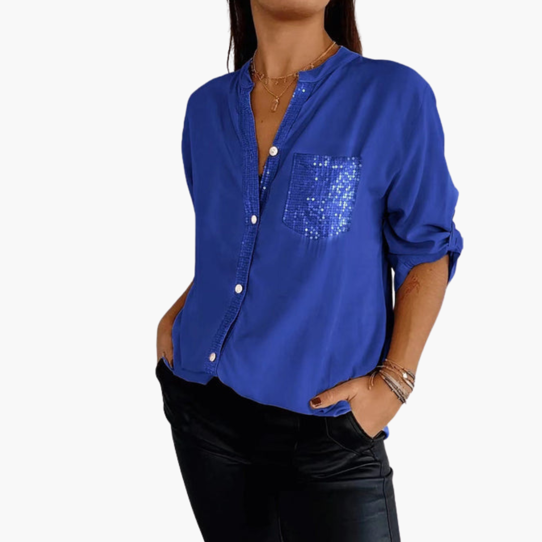 Women's button-up shirt with sequin pocket and roll-up sleeves