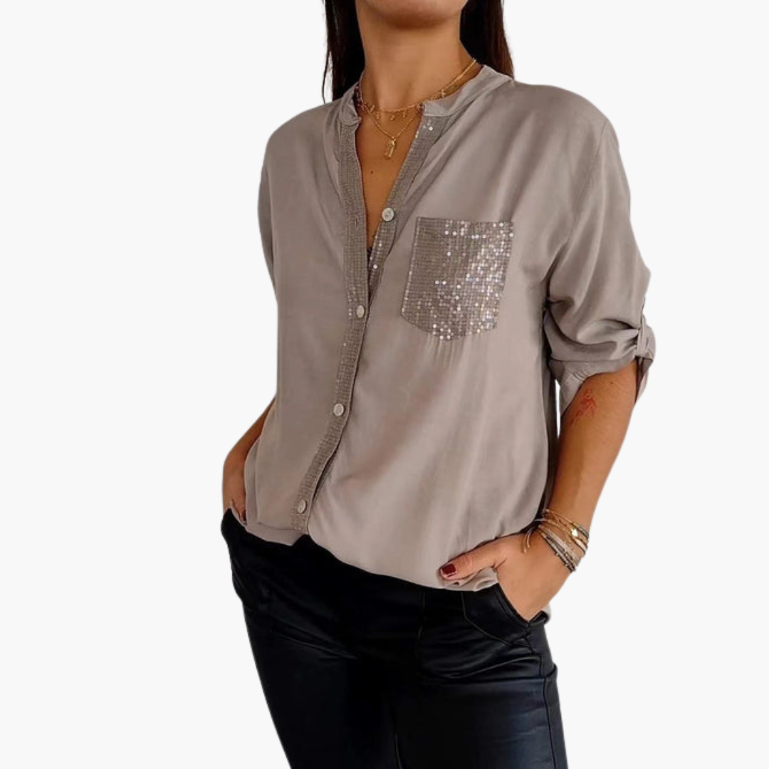 Women's button-up shirt with sequin pocket and roll-up sleeves