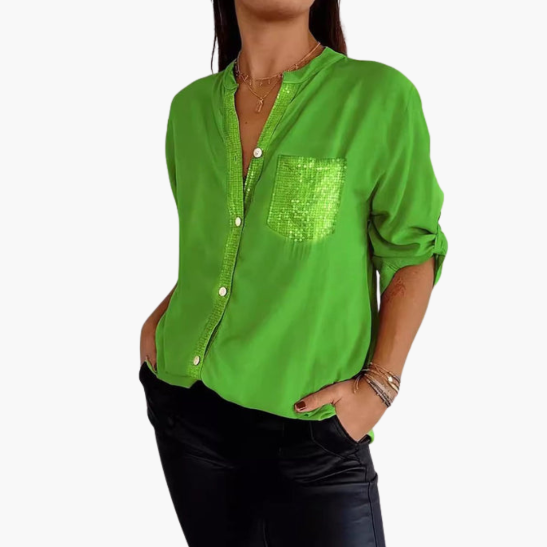 Women's button-up shirt with sequin pocket and roll-up sleeves