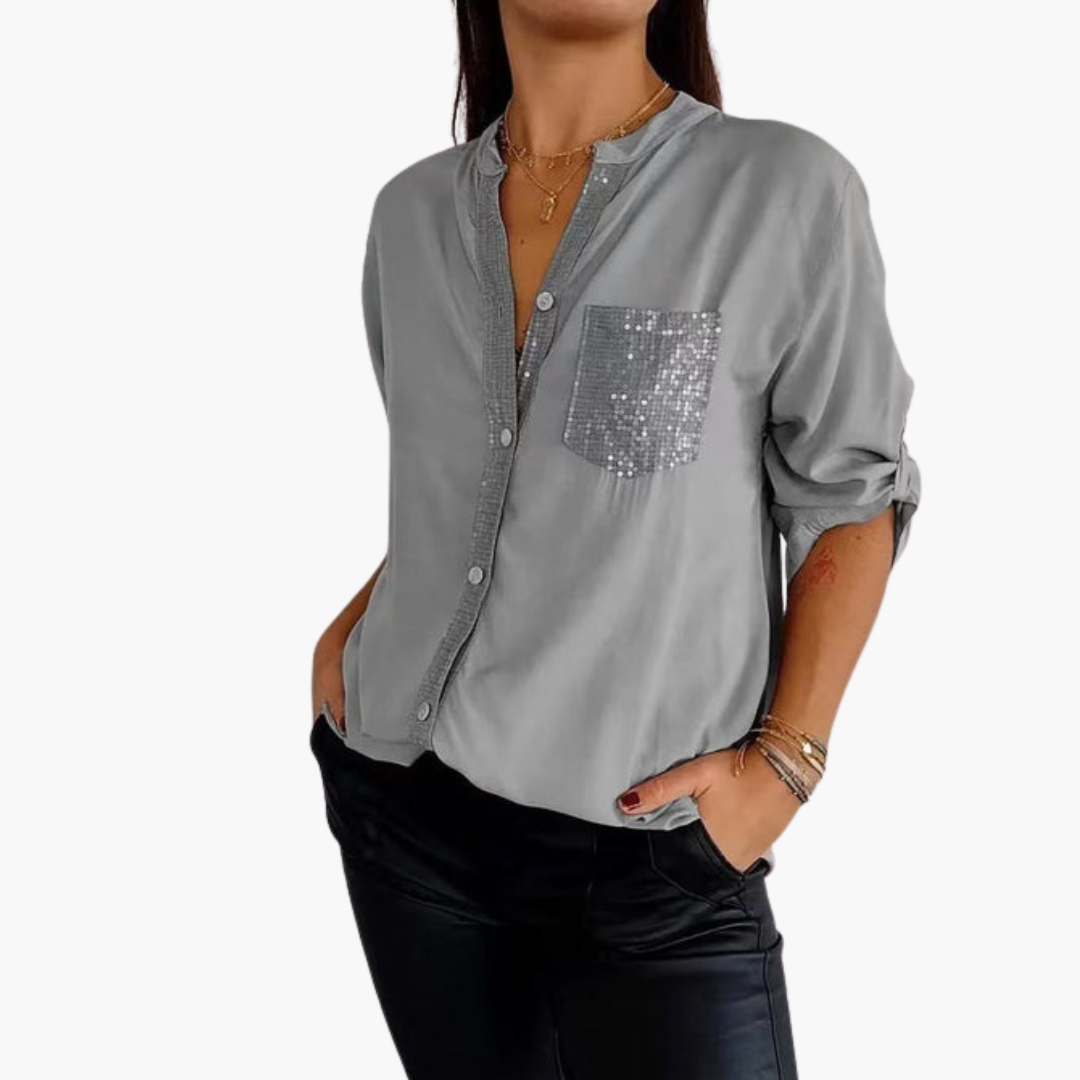 Women's button-up shirt with sequin pocket and roll-up sleeves