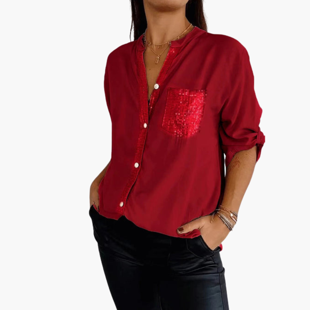Women's button-up shirt with sequin pocket and roll-up sleeves