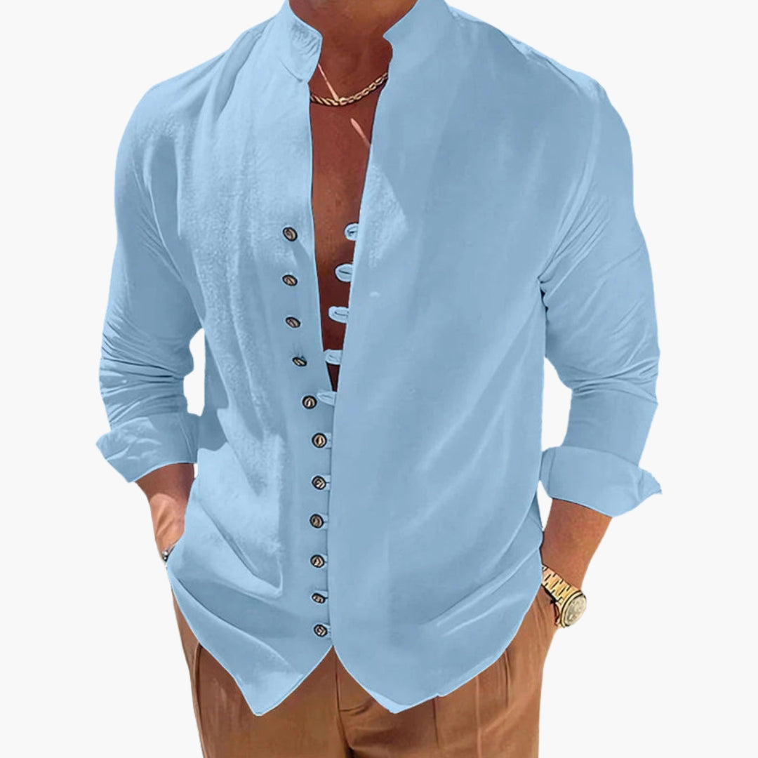 Camicia uomo con collo alla coreana e superficie tinta unita