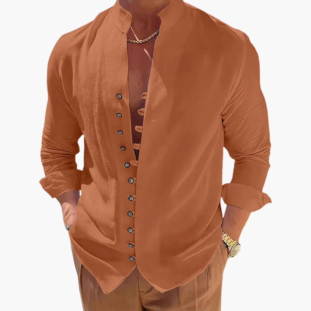 Camicia uomo con collo alla coreana e superficie tinta unita