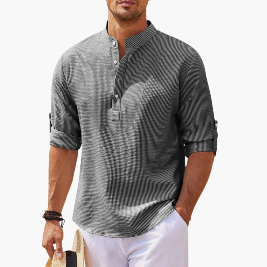 Chemise homme avec col Henley et manches retroussables