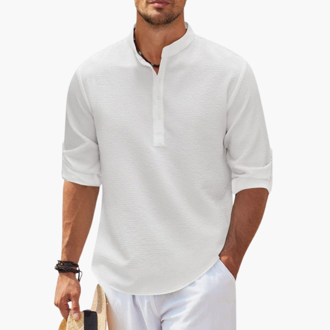 Chemise homme avec col Henley et manches retroussables