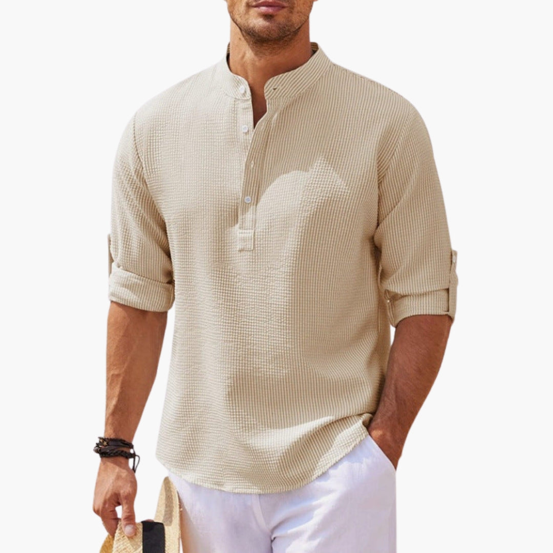 Chemise homme avec col Henley et manches retroussables