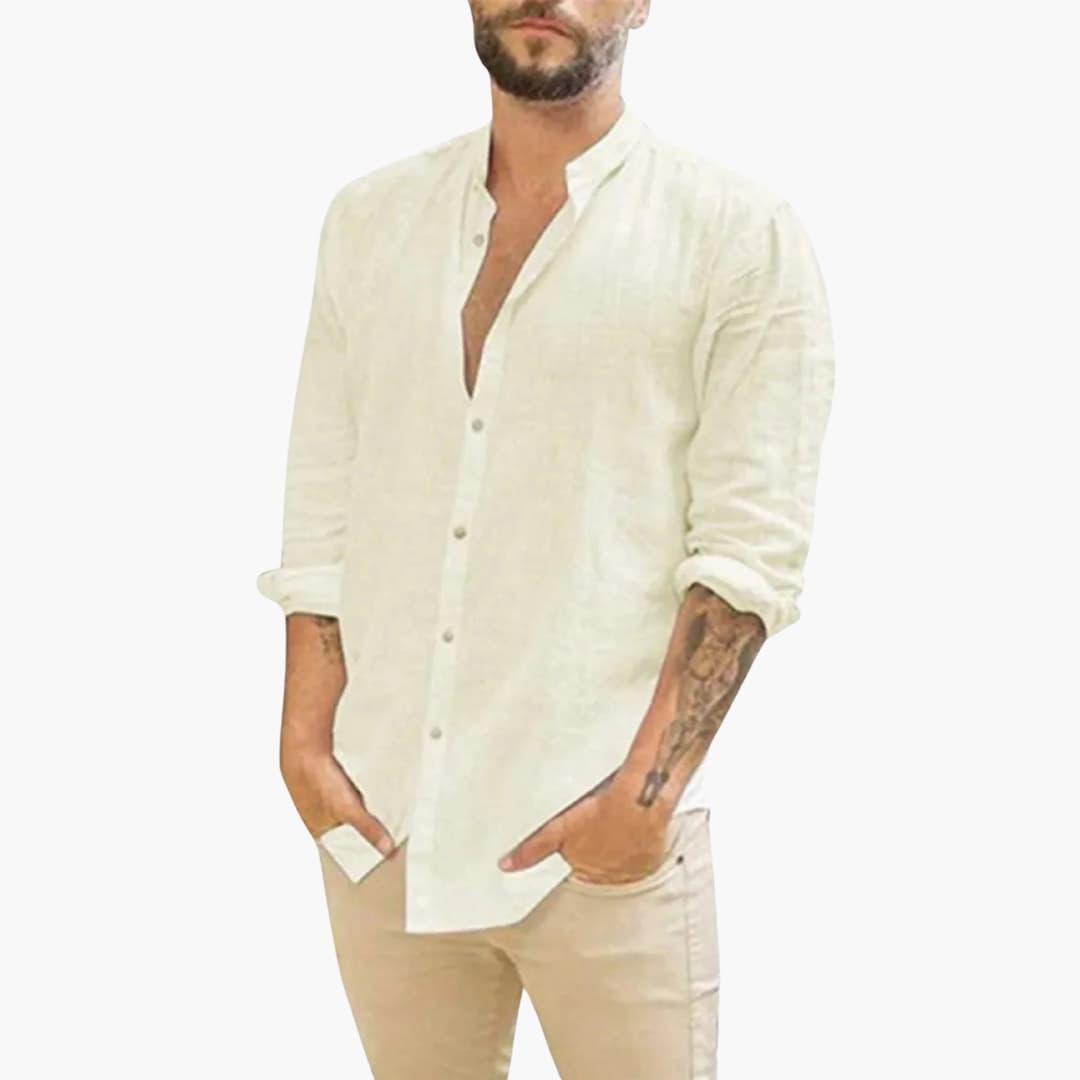 Chemise pour homme à col montant et fermeture boutonnée