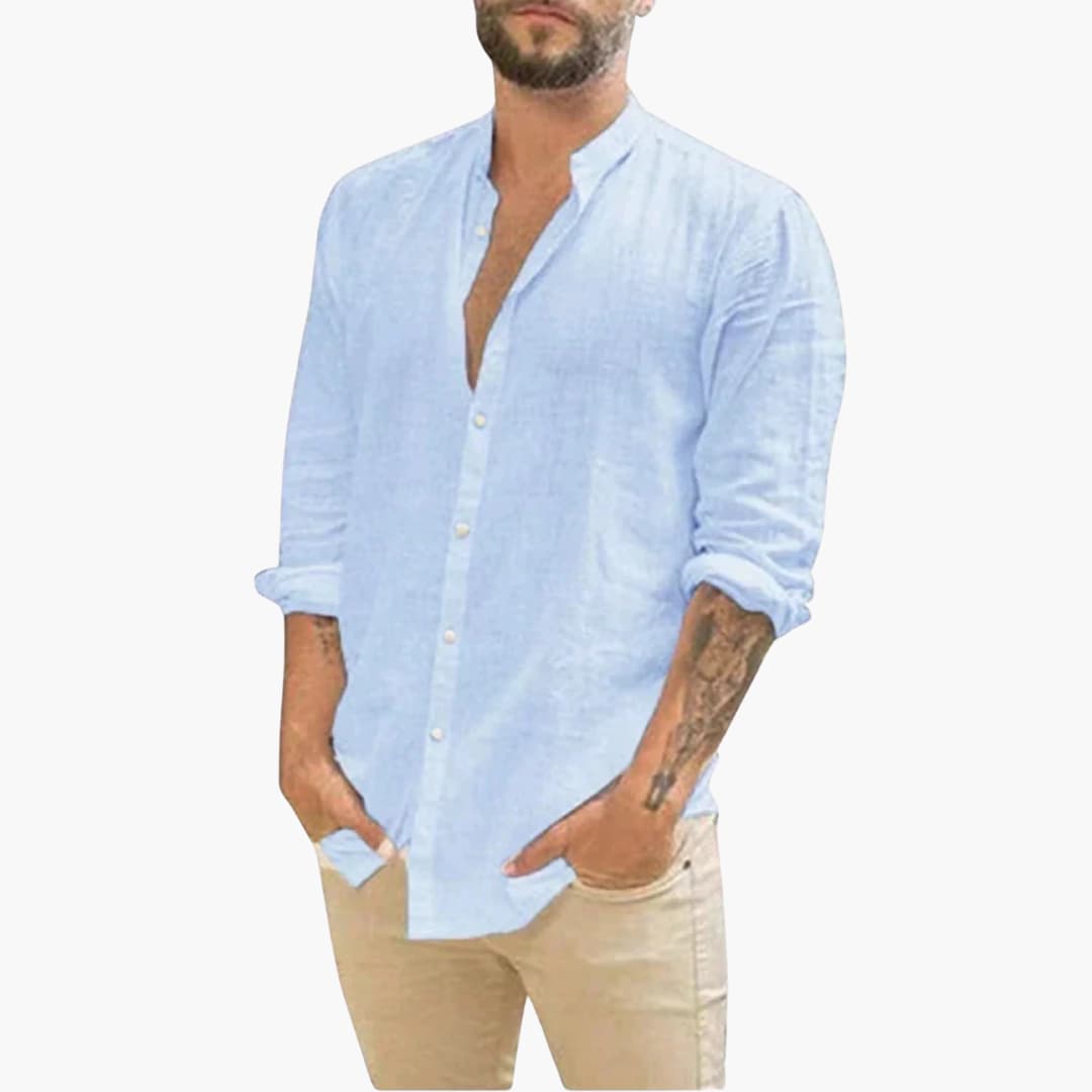 Chemise pour homme à col montant et fermeture boutonnée