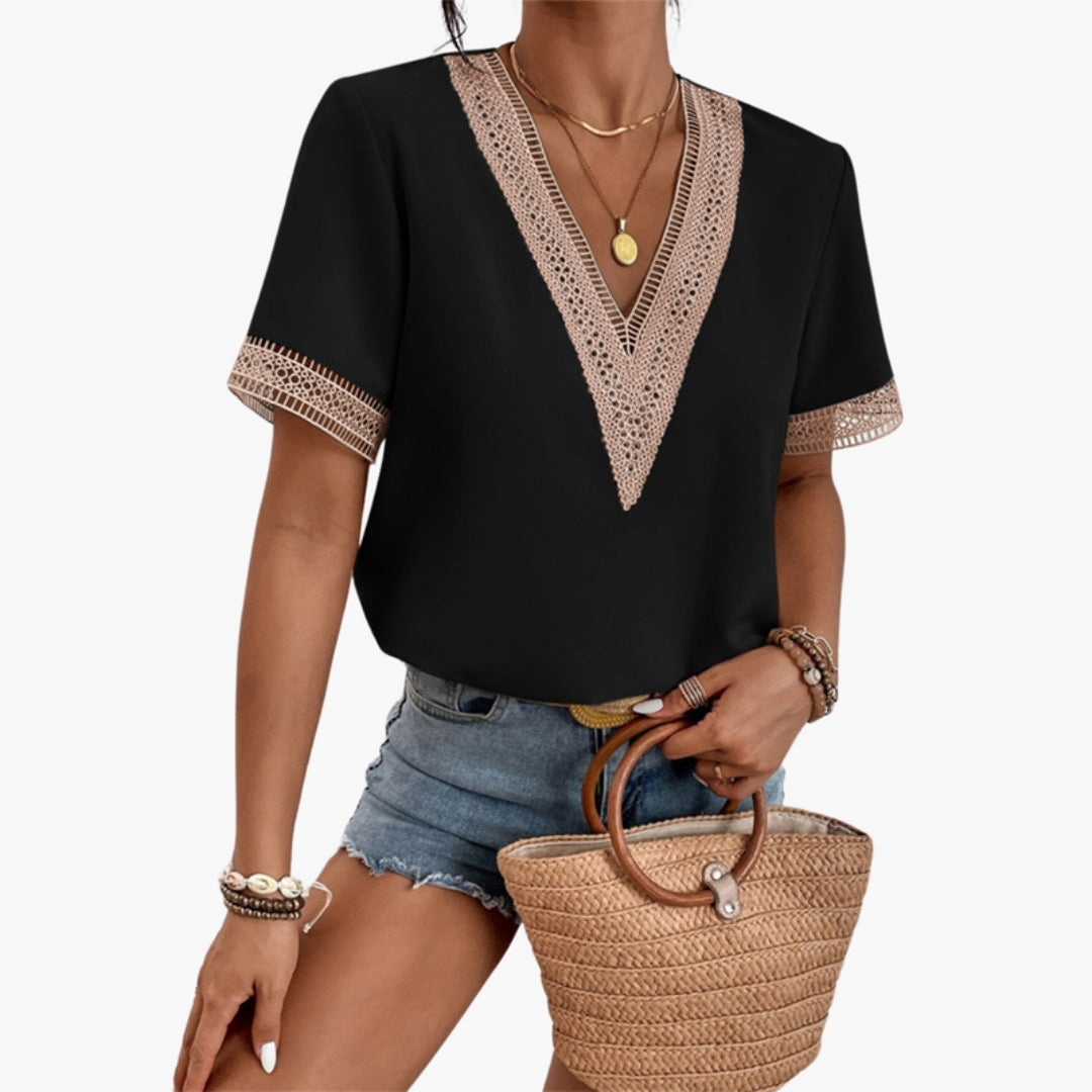 Camicia da donna con scollo a V e rifinitura in pizzo
