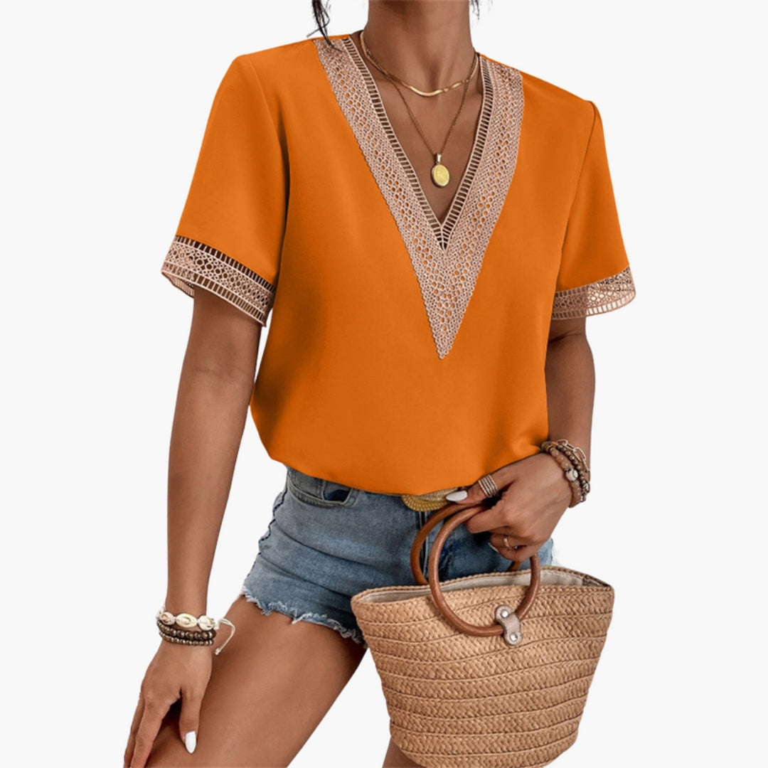 Camicia da donna con scollo a V e rifinitura in pizzo