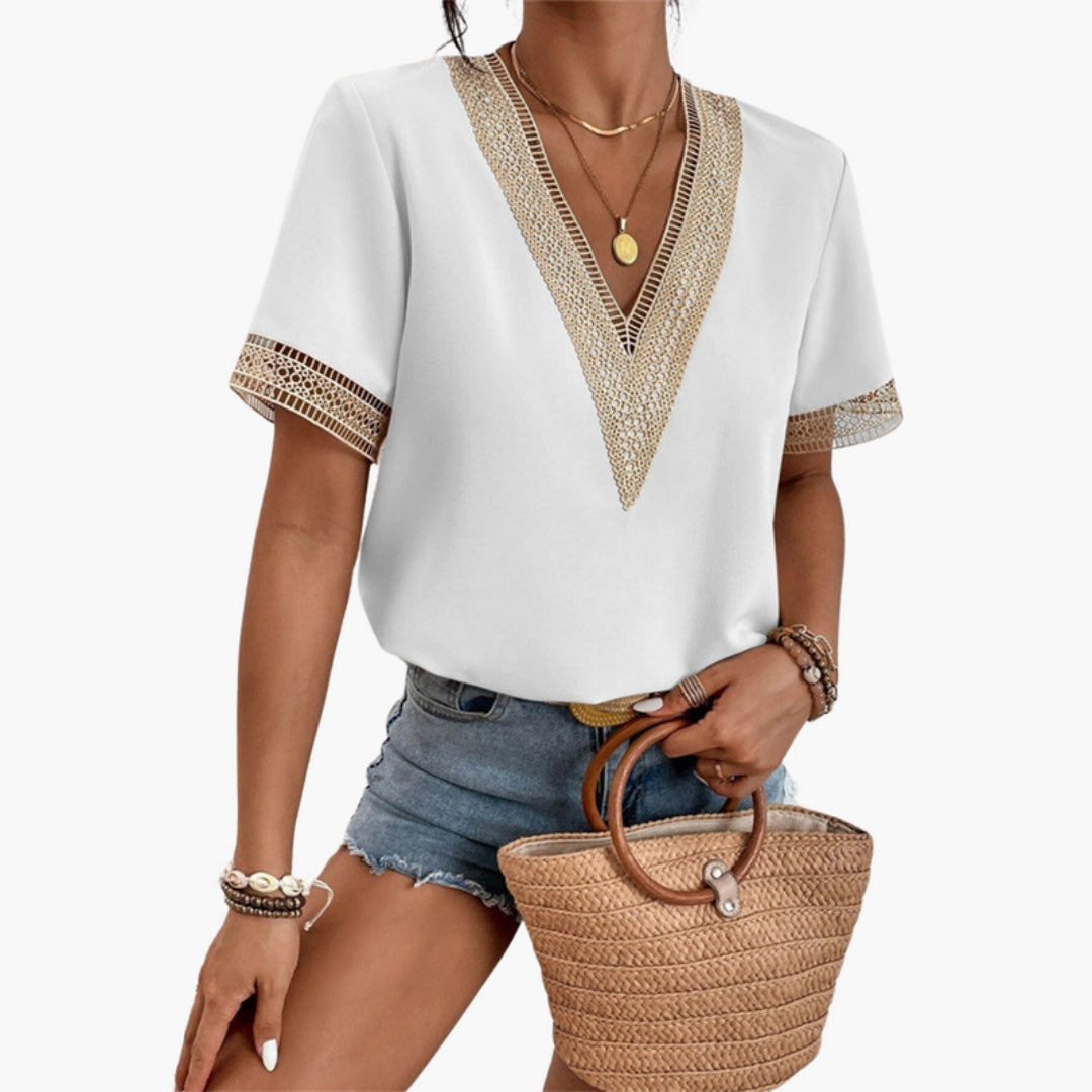 Camicia da donna con scollo a V e rifinitura in pizzo