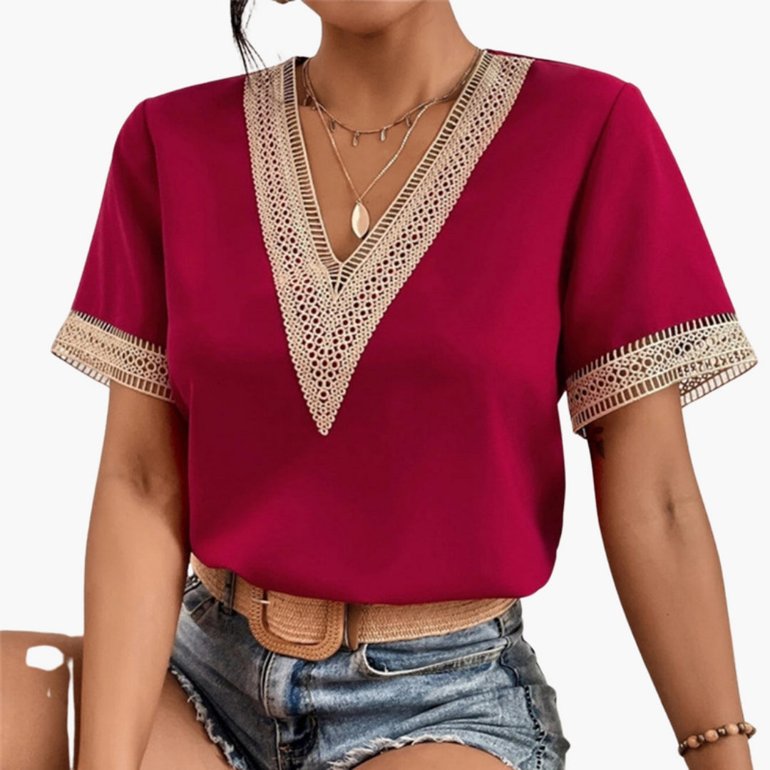 Camicia da donna con scollo a V e rifinitura in pizzo