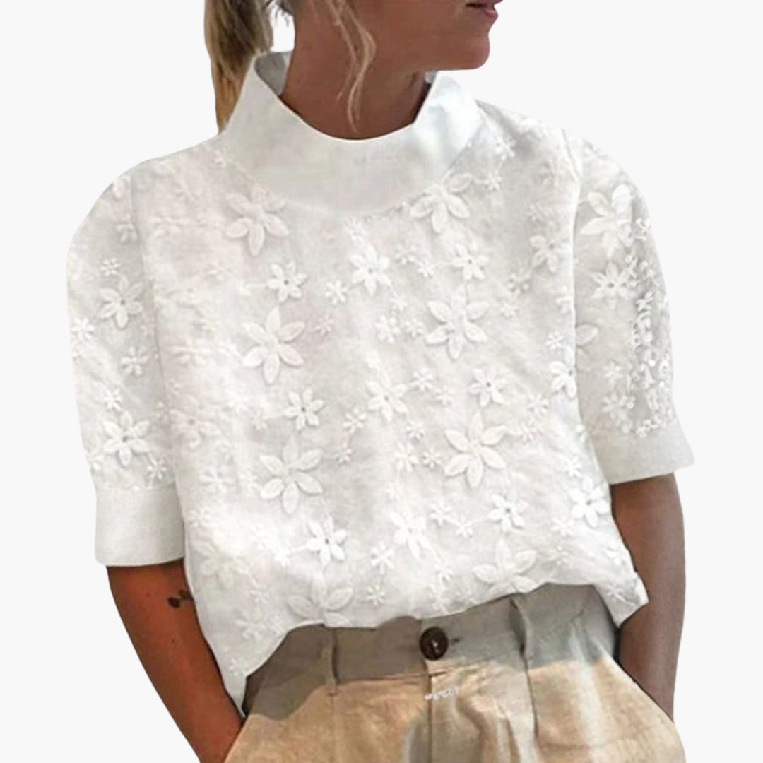 Women's blouse with stand-up collar and floral embroidery