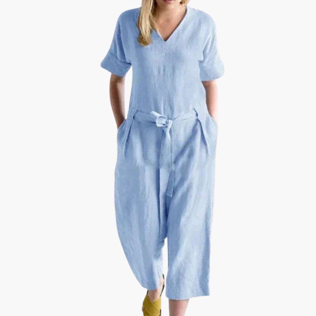 Combinaison femme à col V et lien à la taille