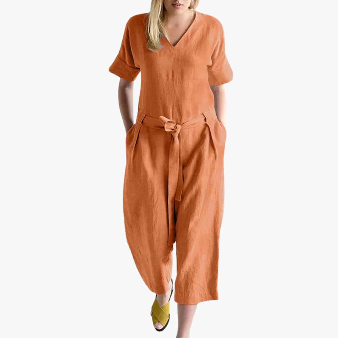 Combinaison femme à col V et lien à la taille