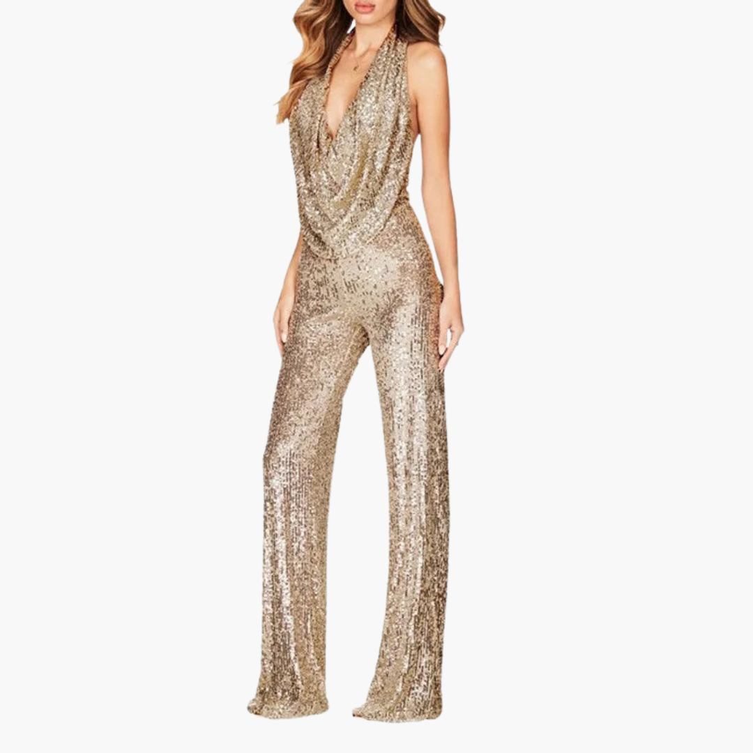 Women's jumpsuit with halter neckline, draped collar, and sequin surface