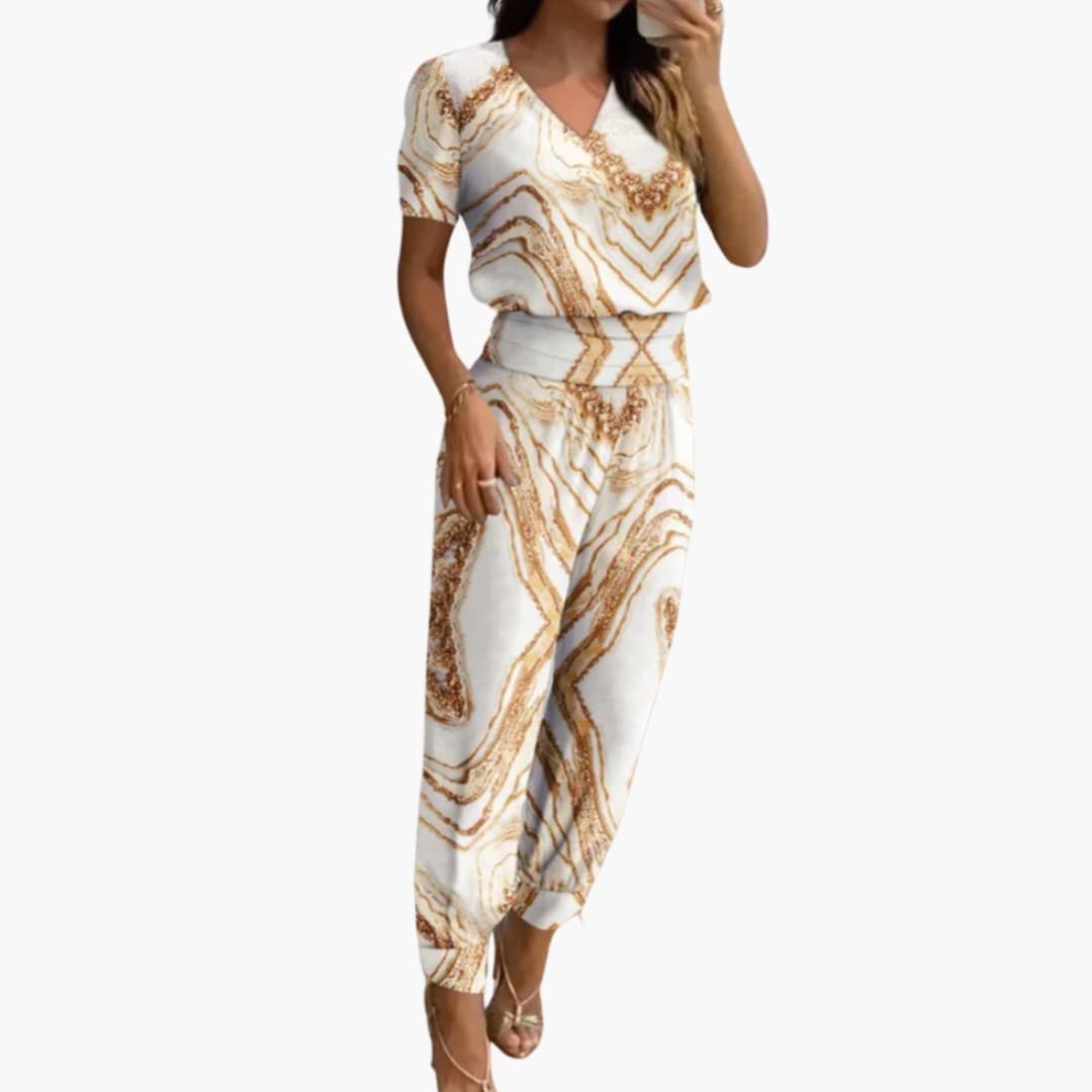 Combinaison femme à encolure en V avec motif marbré