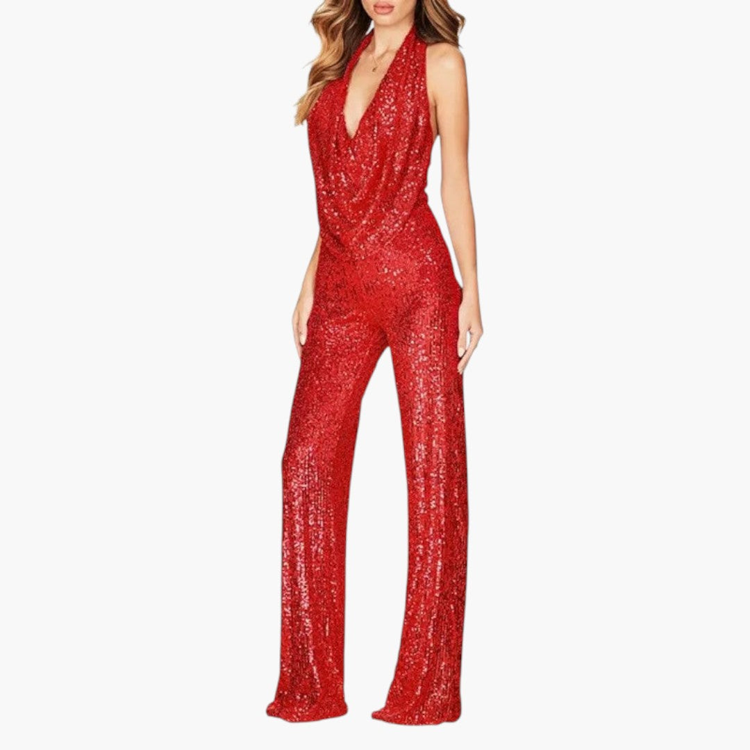 Combinaison femme à sequins avec col licou et jambes larges