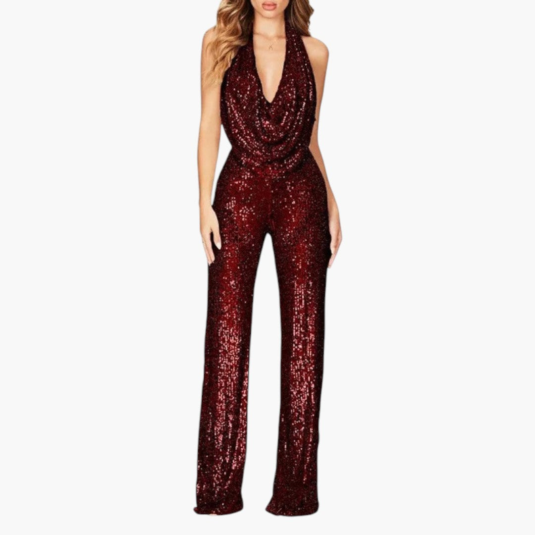 Combinaison femme à sequins avec col licou et jambes larges