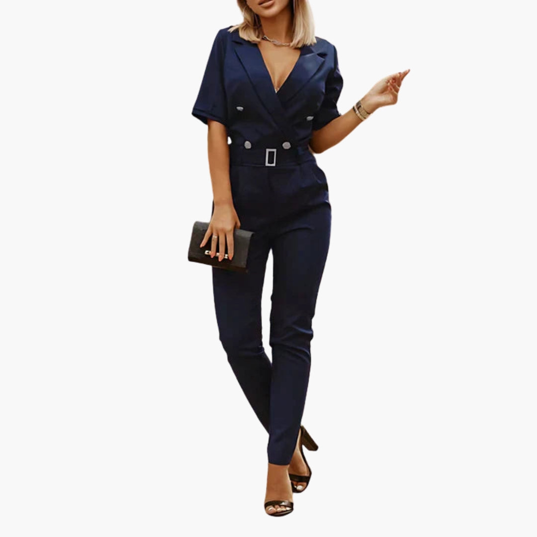 Women's jumpsuit with lapel collar and waist belt