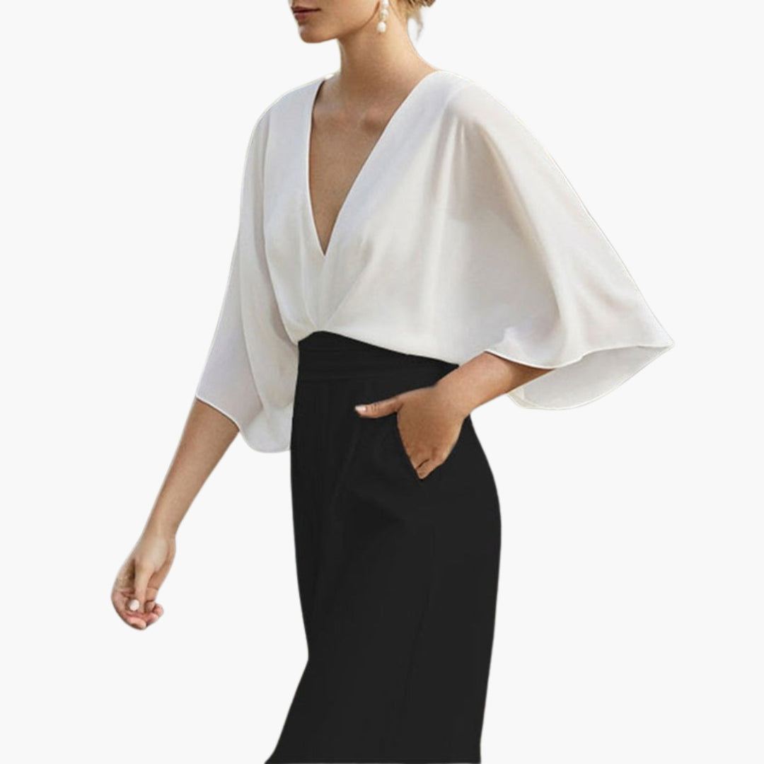 Women's jumpsuit with V-neck and batwing sleeves