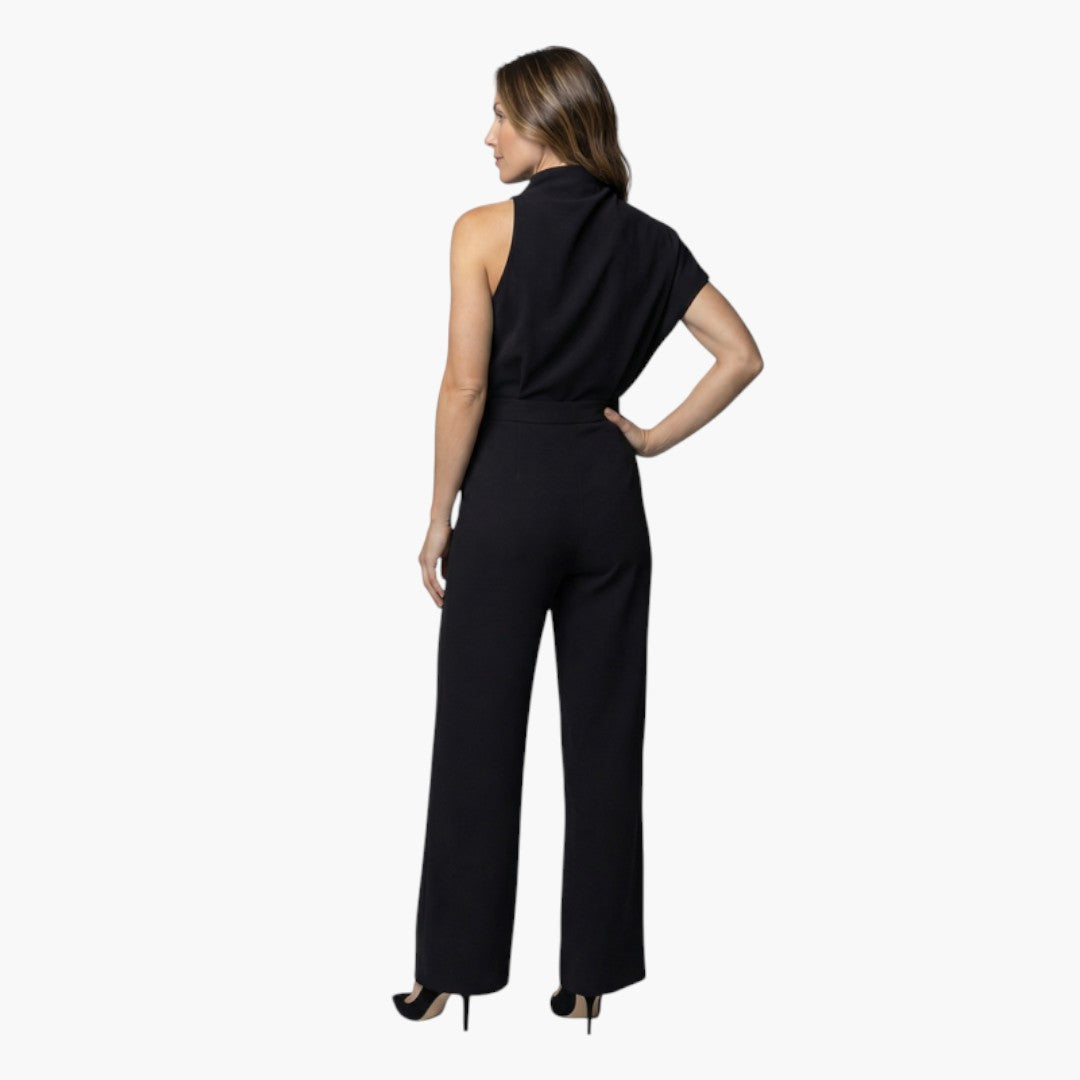 Tuta donna con collo alto asimmetrico e gambe larghe