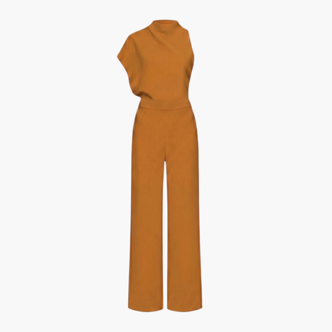 Tuta donna con collo alto asimmetrico e gambe larghe