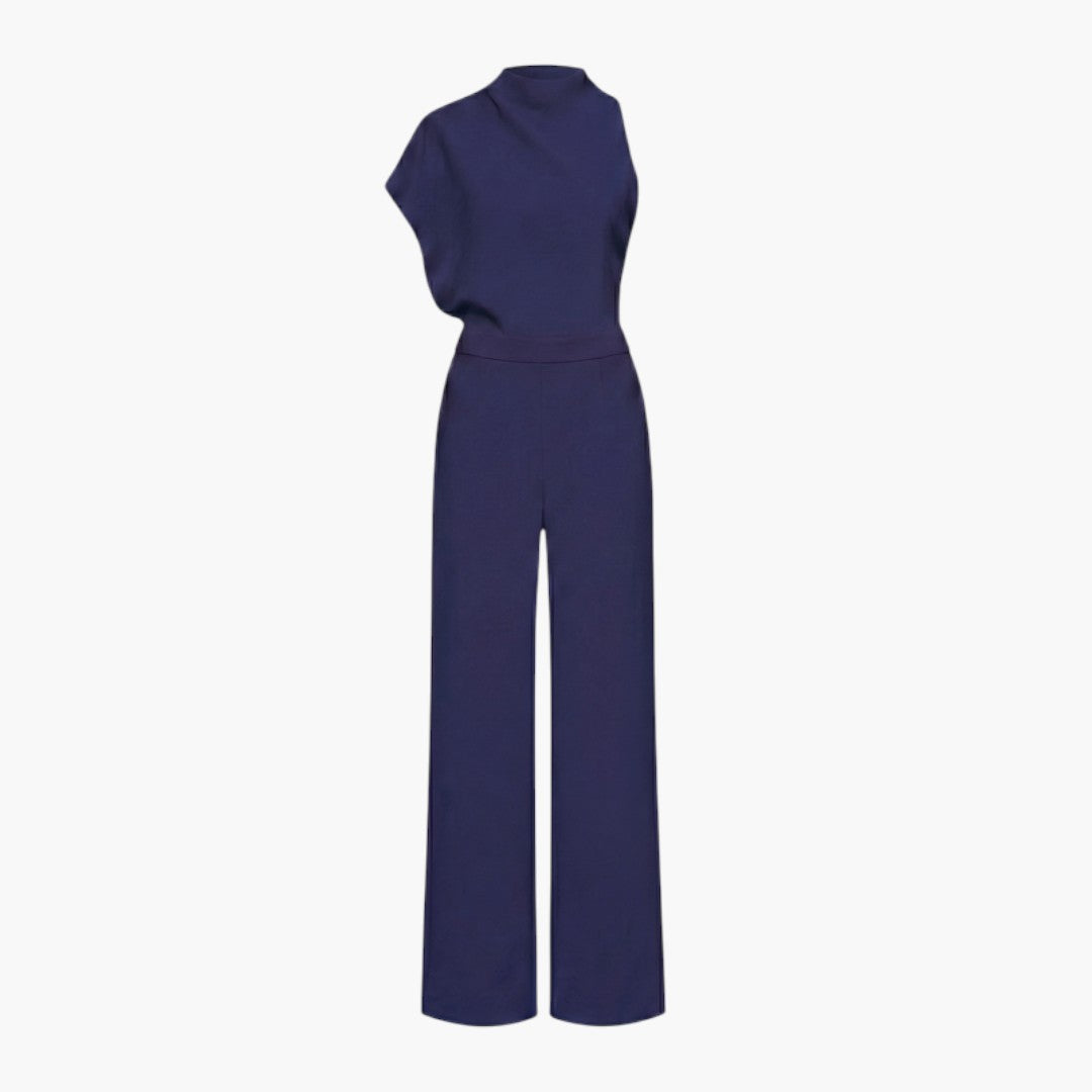 Tuta donna con collo alto asimmetrico e gambe larghe