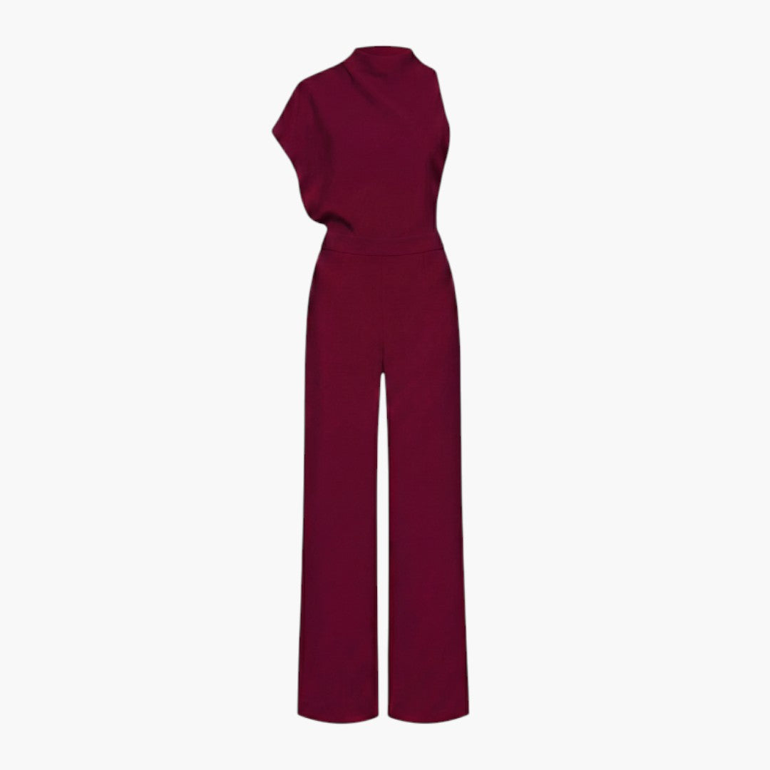 Tuta donna con collo alto asimmetrico e gambe larghe