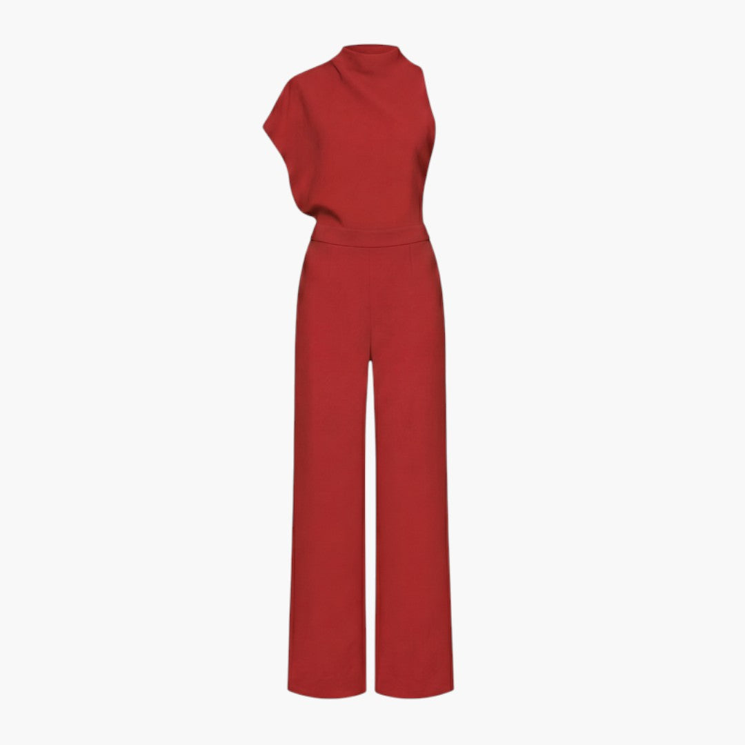 Tuta donna con collo alto asimmetrico e gambe larghe
