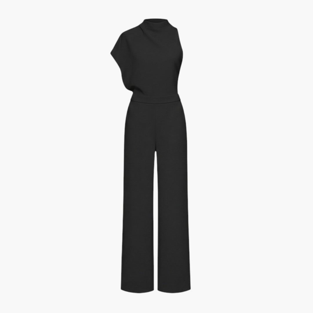 Tuta donna con collo alto asimmetrico e gambe larghe