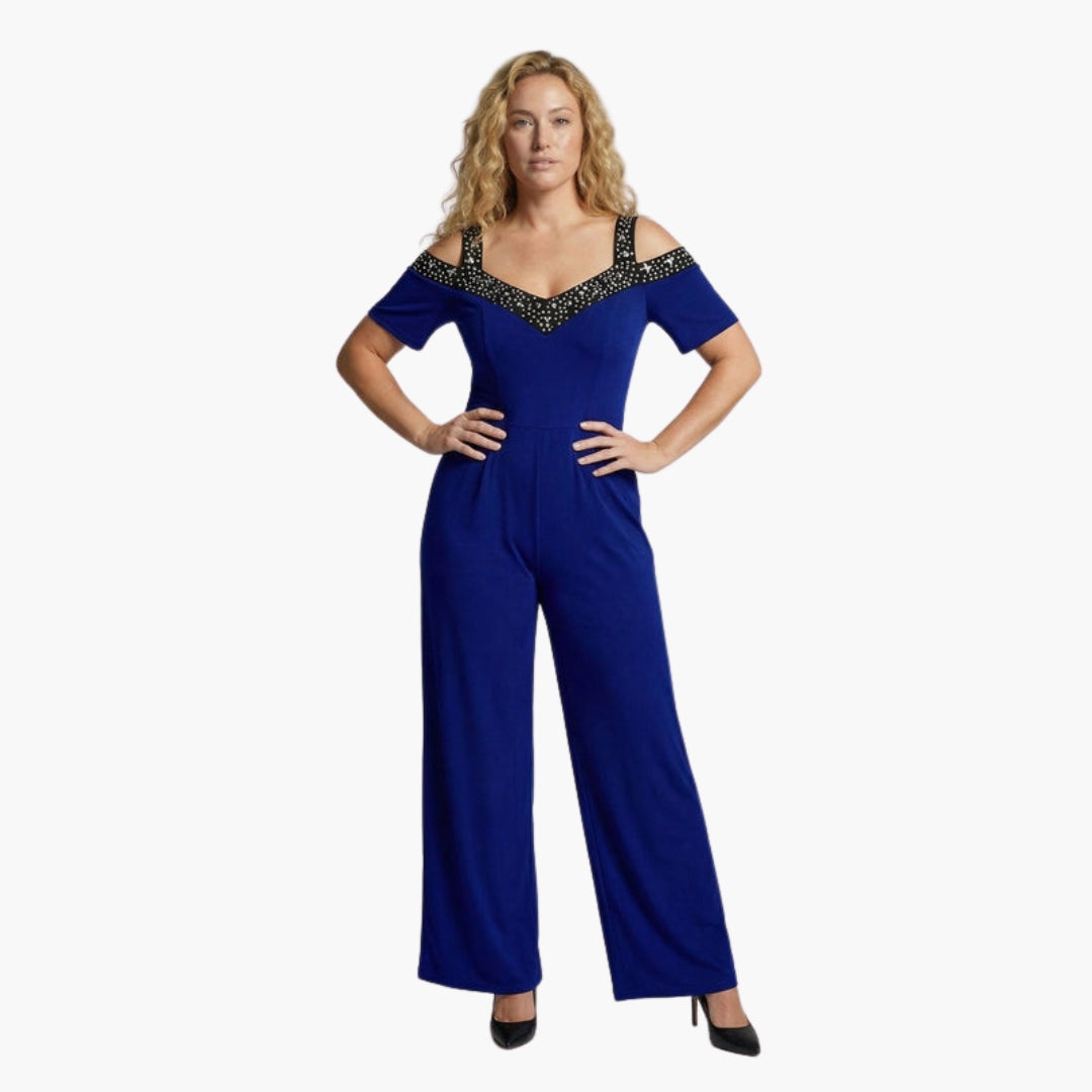 Tuta donna spalle scoperte con scollo a V e gambe larghe