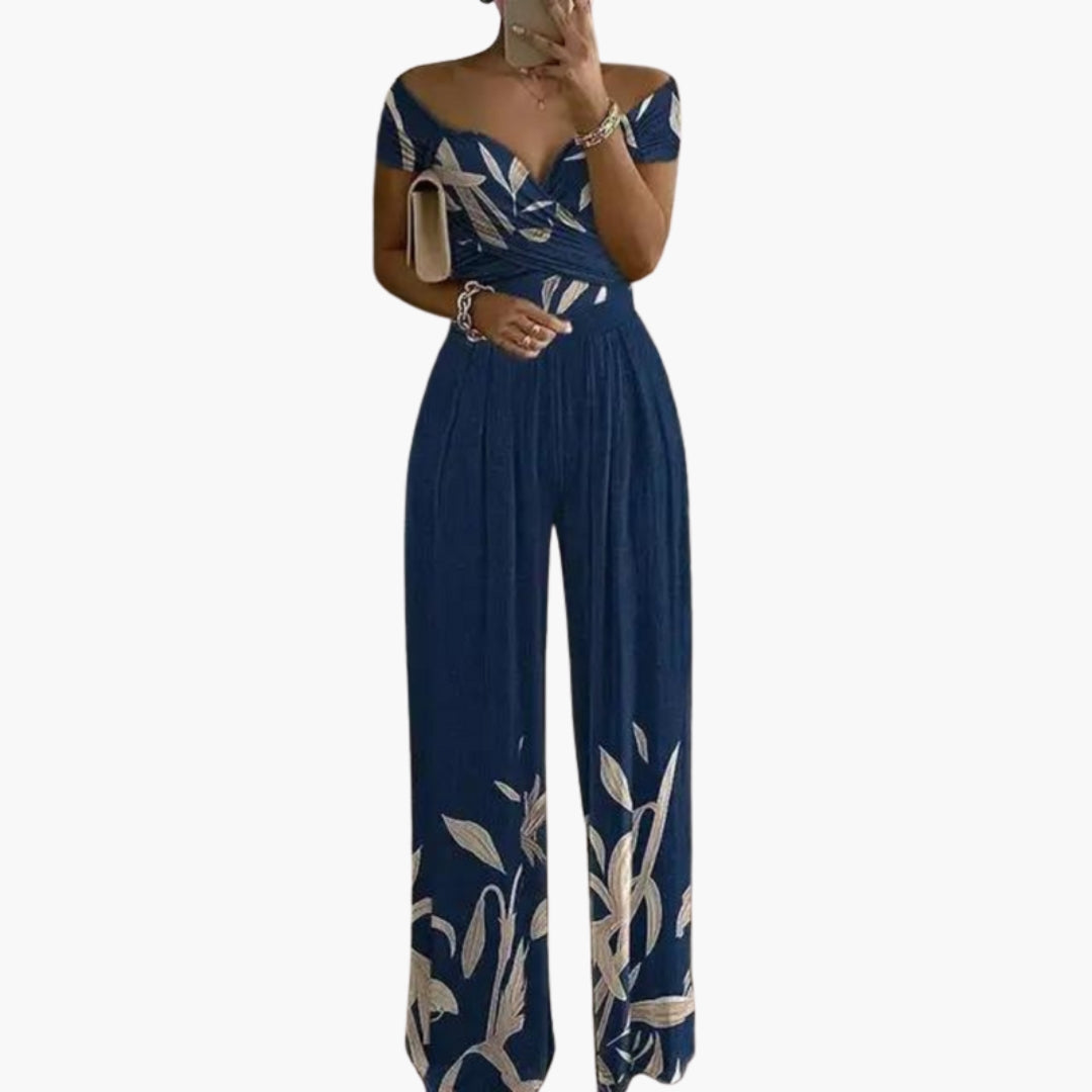 Tuta donna stampata con spalle scoperte e gambe larghe