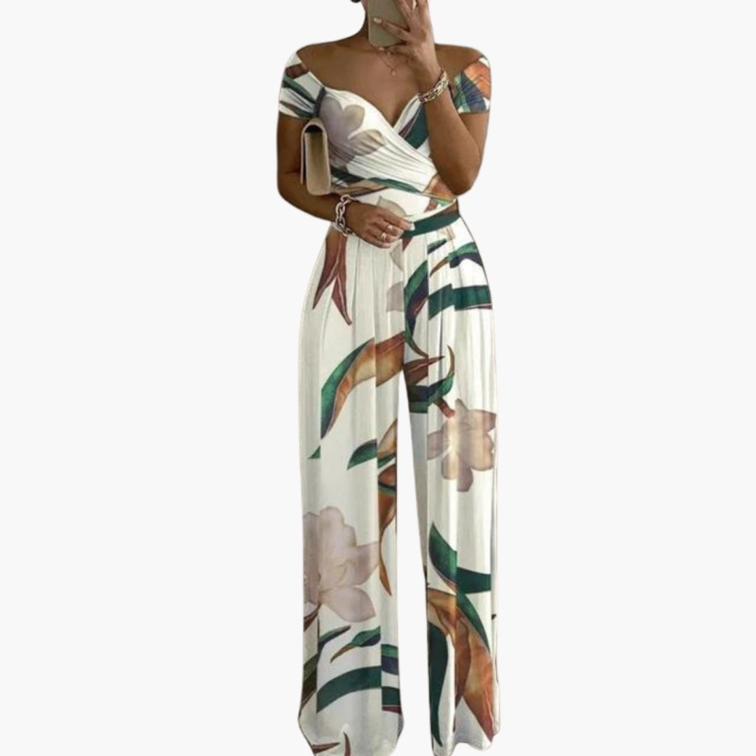 Combinaison femme imprimée épaules dénudées avec jambes larges