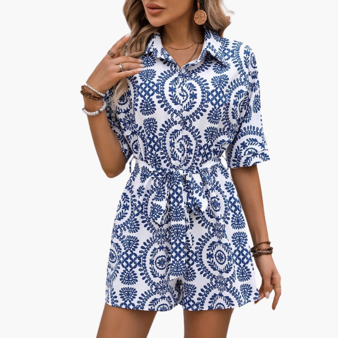 Combinaison short femme à col chemise a ceinture à nouer
