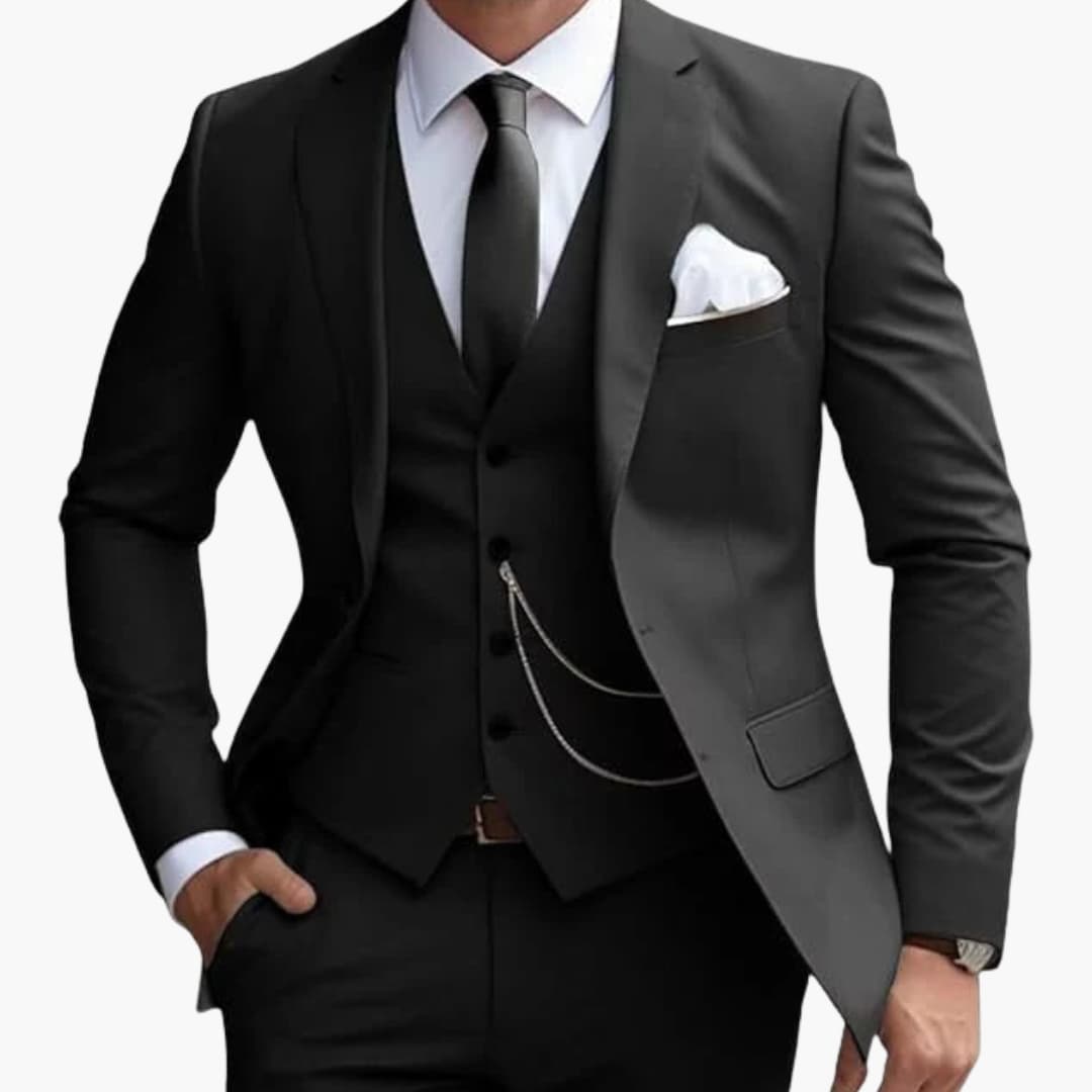 Traje de hombre de tres piezas con chaqueta de solapa con cuello