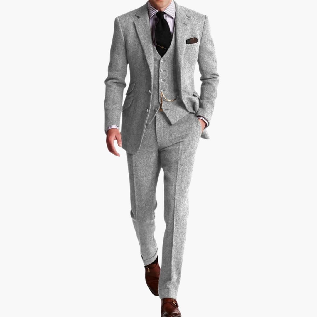 Traje de hombre de tres piezas con chaqueta de solapa y pantalón