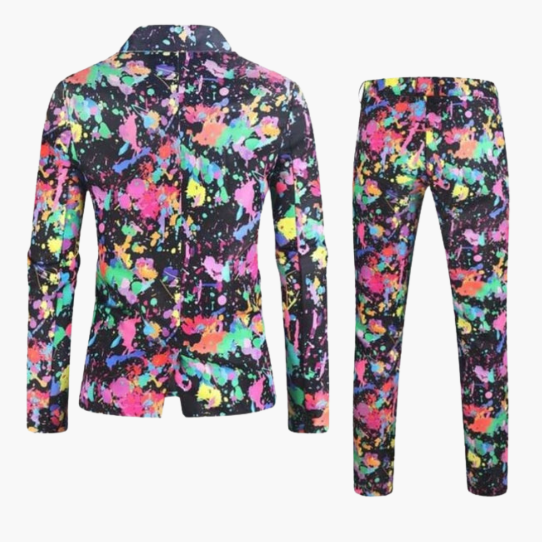 Costume deux pièces pour homme à motif multicolore et pantalon coupe ajustée