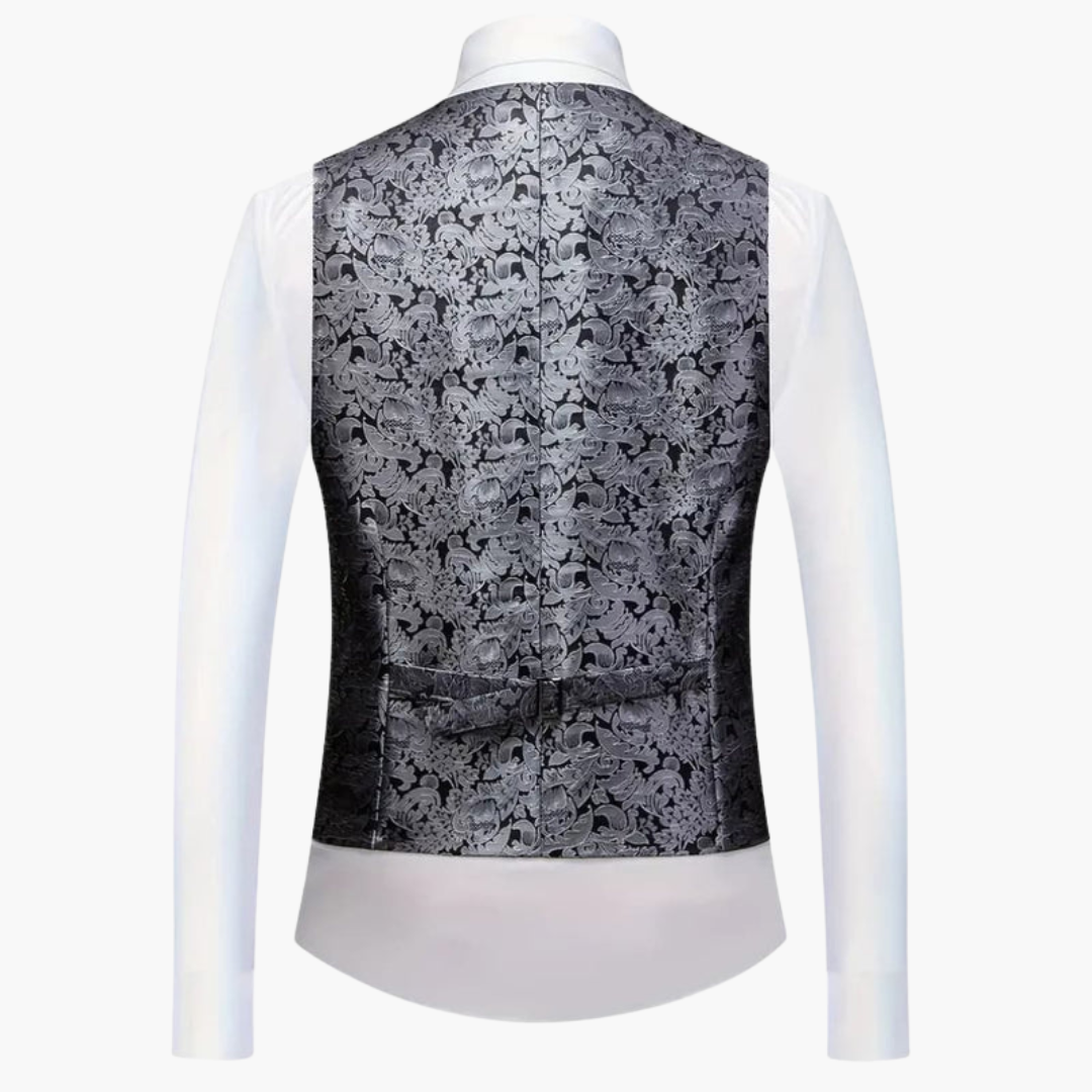 Costume tre pezzi da uomo in jacquard con rever in raso e pantaloni a taglio aderente