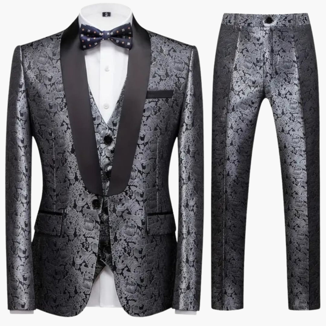 Costume tre pezzi da uomo in jacquard con rever in raso e pantaloni a taglio aderente