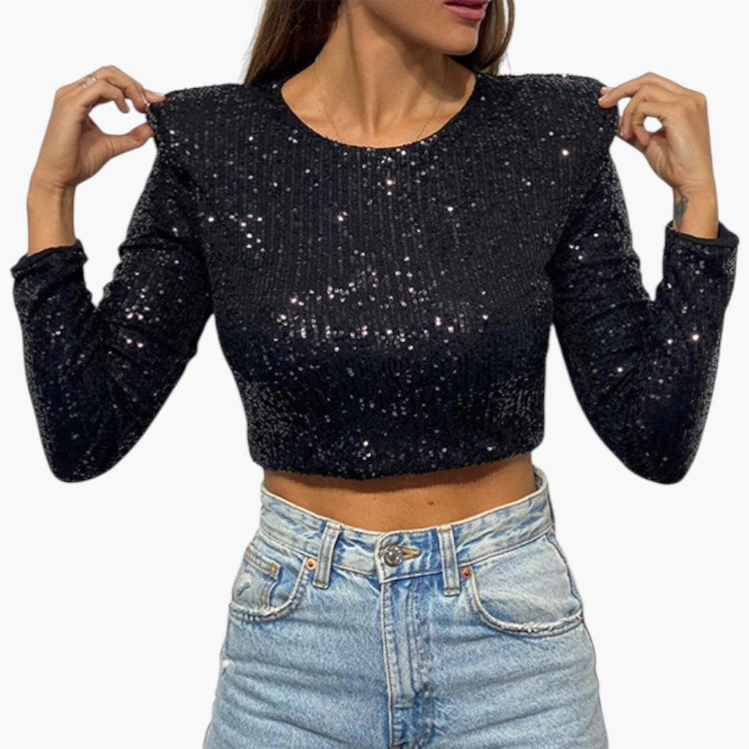 Top corto donna con superficie di paillettes e maniche lunghe