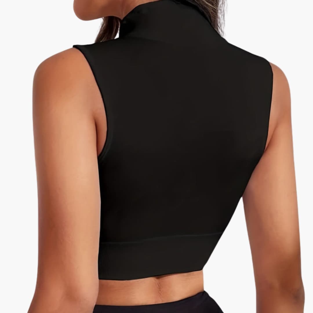 Women's high-neck sports crop top with zip closure