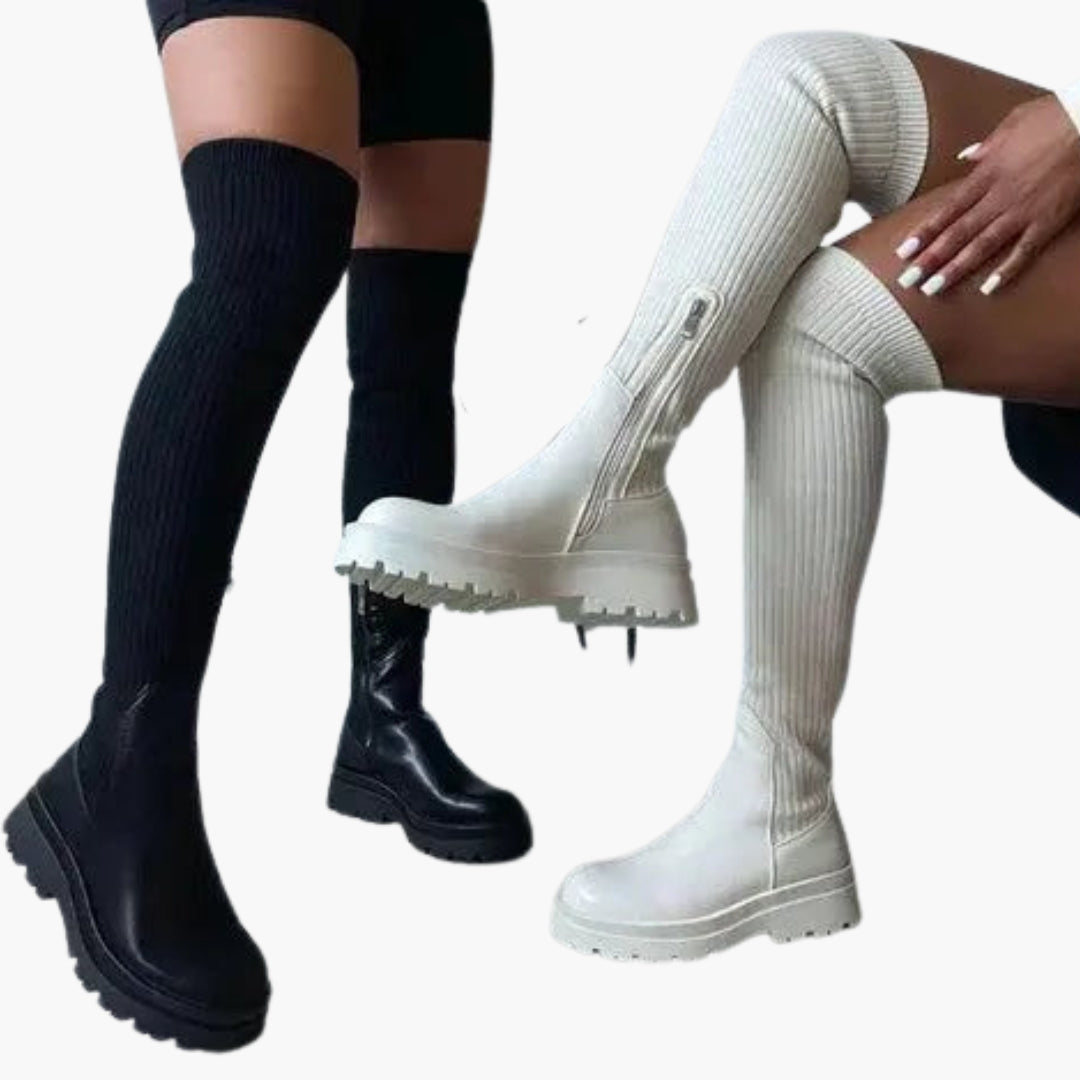 Cuissardes femme avec maille côtelée et fermeture zippée