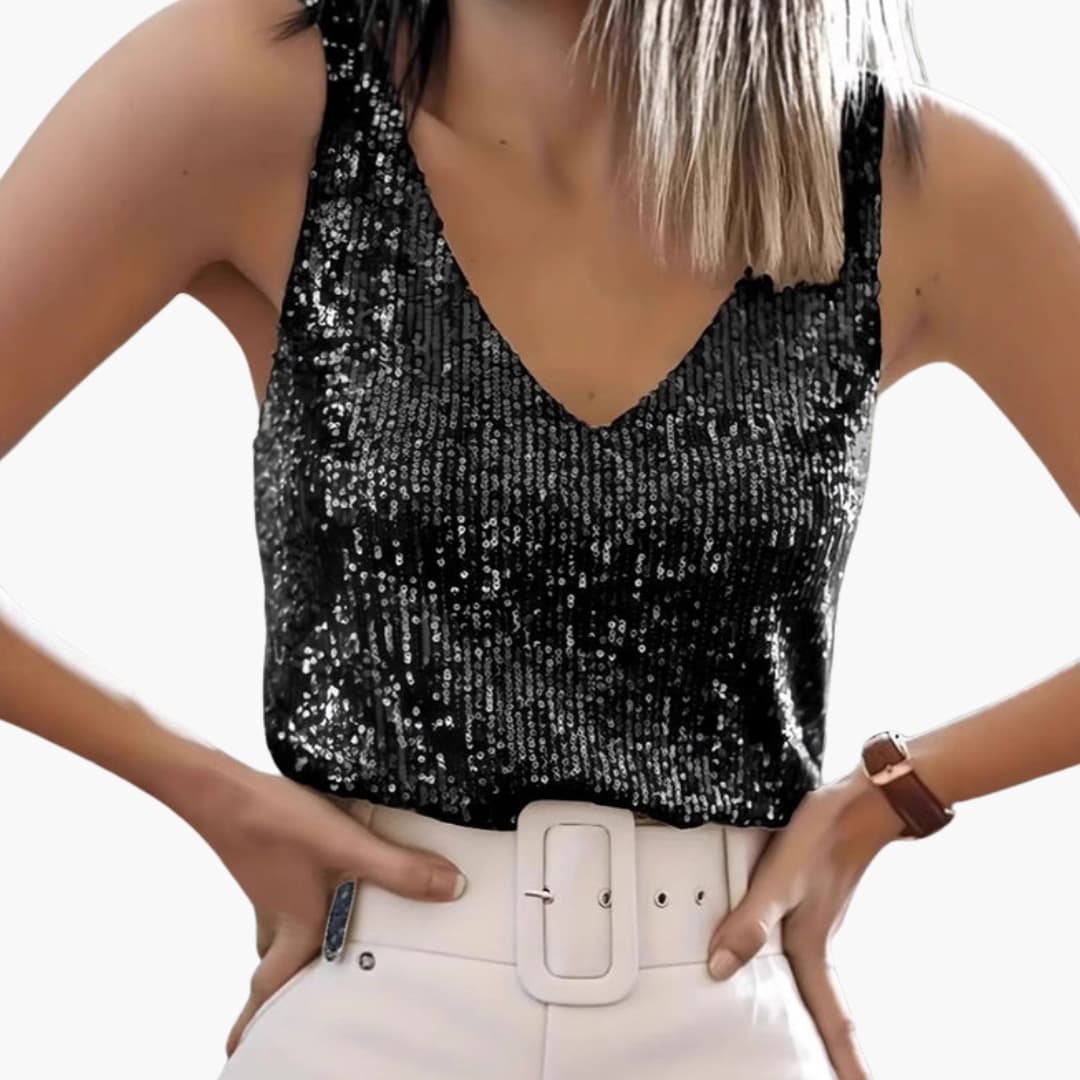 Top scintillante da donna con scollo a V, decorato con paillettes scintillanti