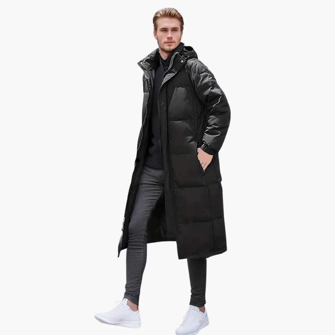 Manteau long homme avec capuche et fermeture zippée